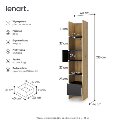 BED CONCEPT BC-23v2 regał 44x218 - dąb artisan/czarny
