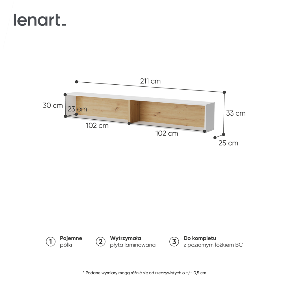 BED CONCEPT BC-30 półka wisząca - biały/dąb artisan