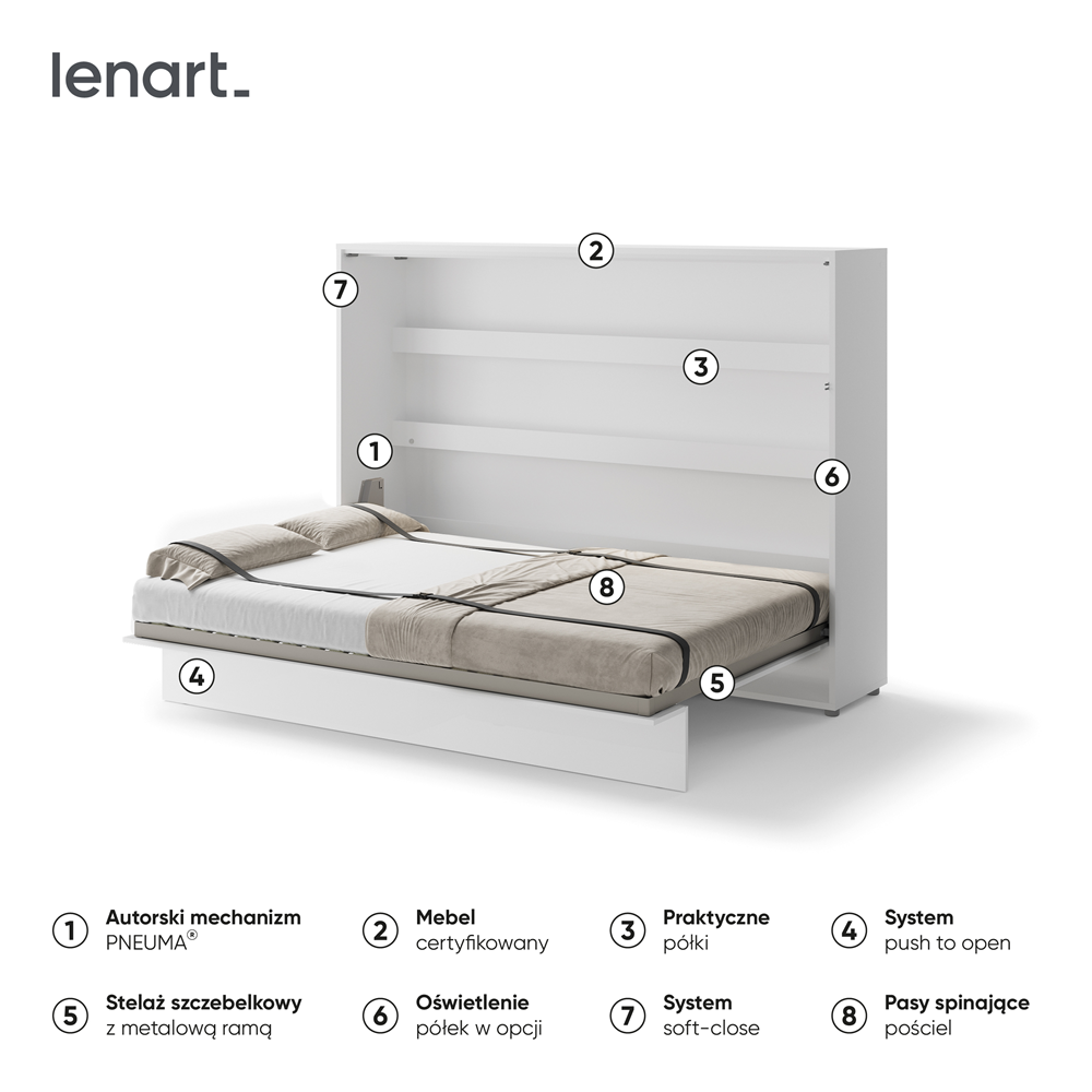 BED CONCEPT BC-04p - półkotapczan poziomy 140 - biały połysk
