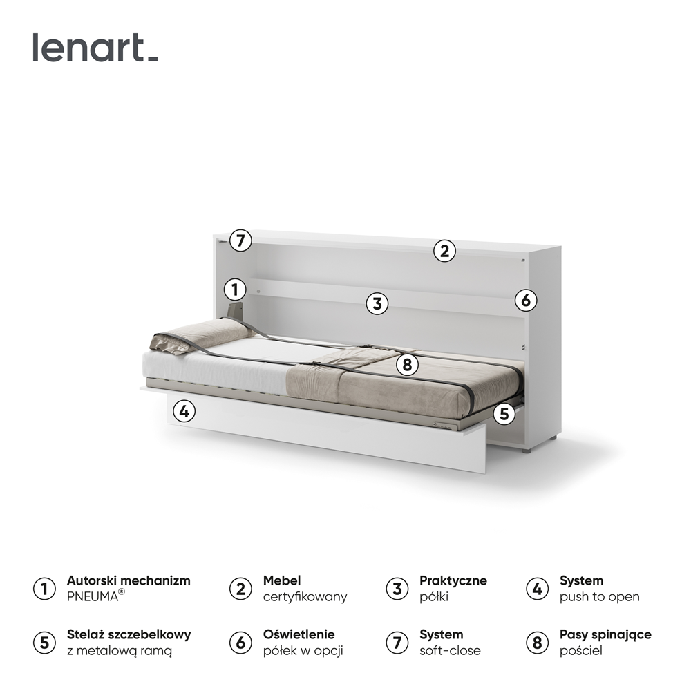 BED CONCEPT BC-06p - półkotapczan poziomy 90 - biały połysk