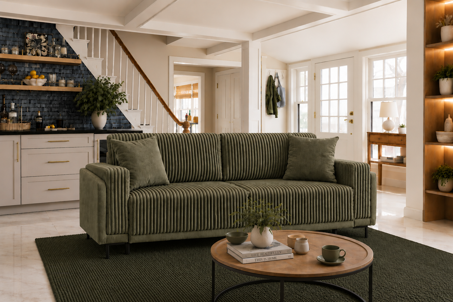Sofa Arosa – miękka, sztruksowa, oliwkowa