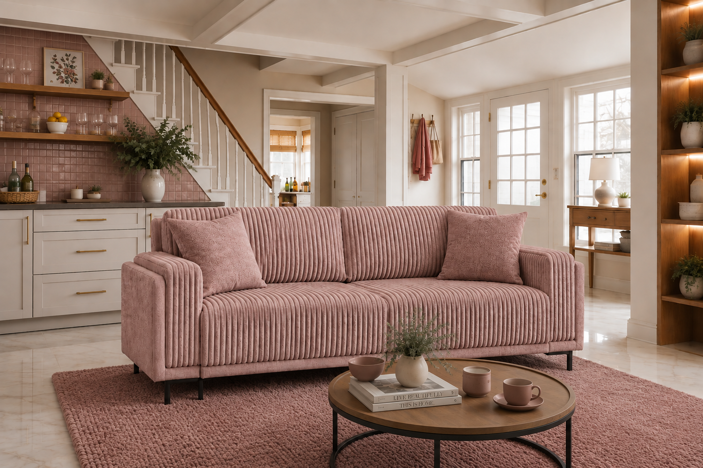 Sofa Arosa – miękka, sztruksowa, różowa