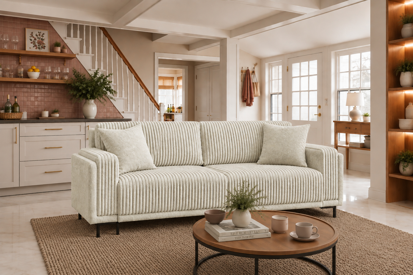 Sofa Arosa – miękka, sztruksowa, kremowa