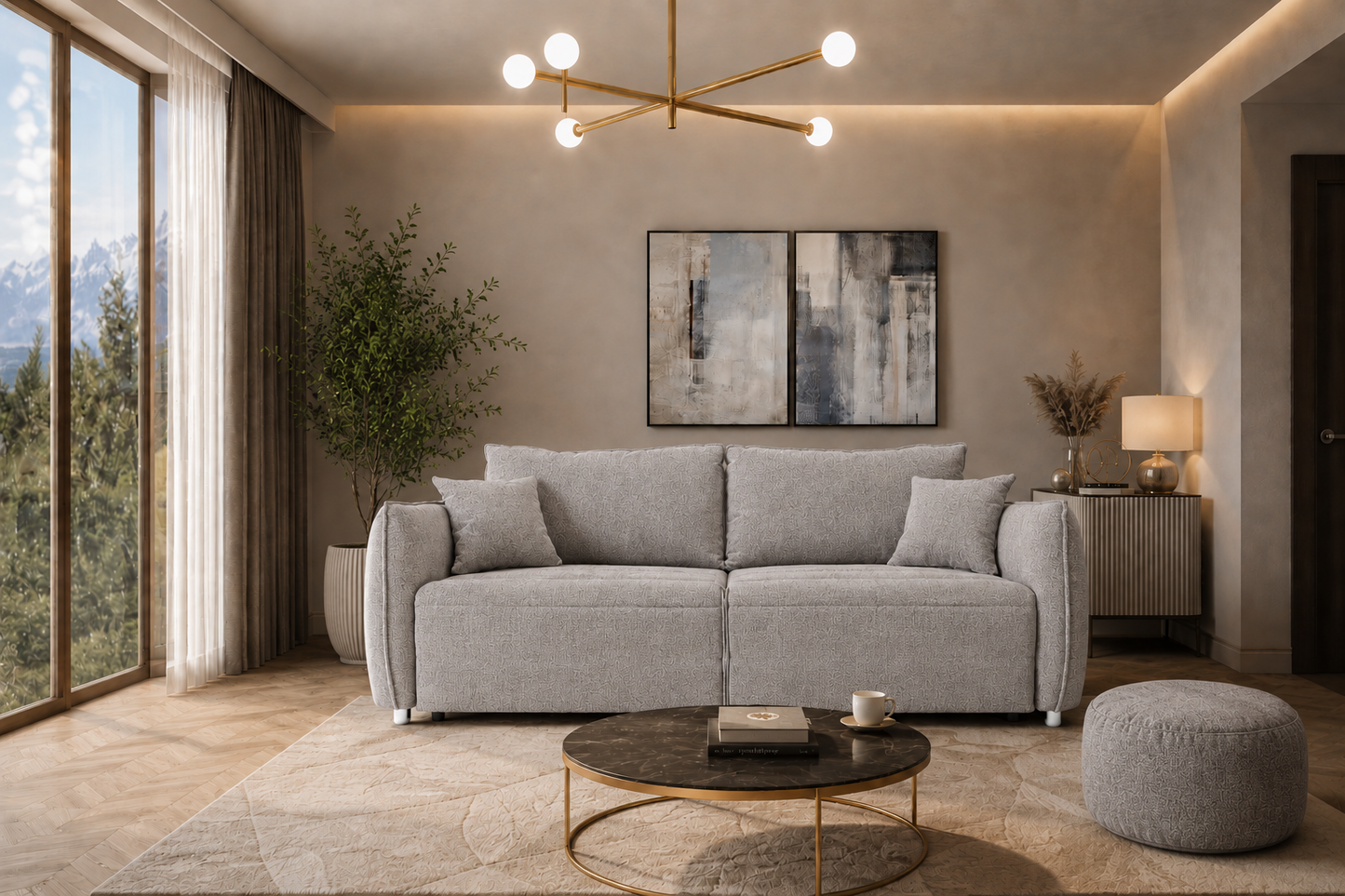 Sofa Rosie rozkładana w kolorze jasno szarym