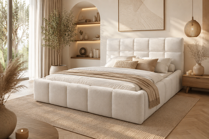 Łóżko Fluff Bed boucle pikowane tapicerowane pojemnik