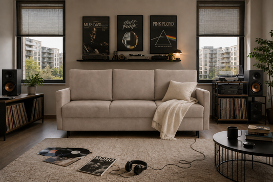 Sofa Manama rozkładana beżowa metalowe nóżki