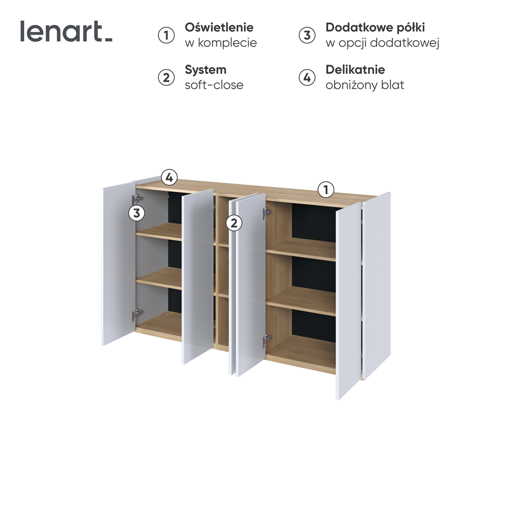 EASY EA-01 - komoda 5d z oświetleniem - biały połysk/dąb scandi
