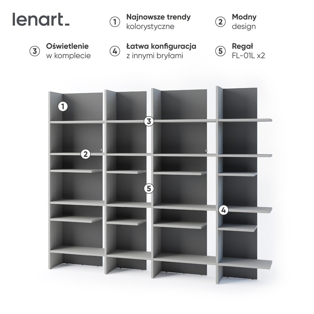 FITT FL-01P - regał prawy z oświetleniem - metalic ciemny/metalic jasny