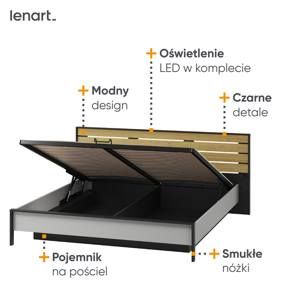 Łóżko Gris 180 pojemnik na pościel oświetlenie
