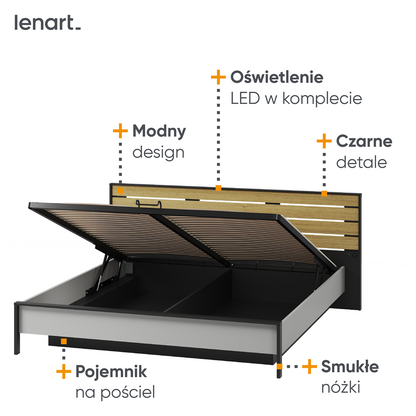 Łóżko Gris 180 pojemnik na pościel oświetlenie