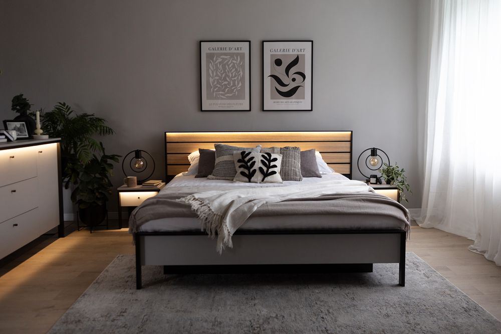 Łóżko Gris 180 pojemnik na pościel oświetlenie