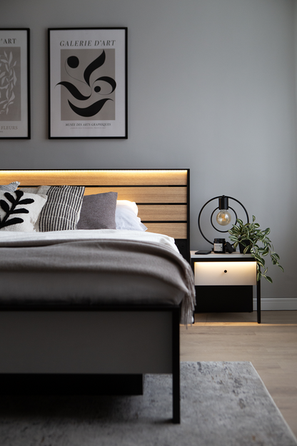 Łóżko Gris 180 pojemnik na pościel oświetlenie