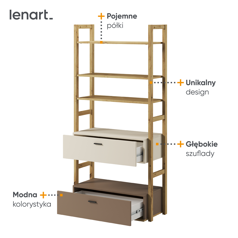 LENNY LY-02 - regał 85 2s - dąb artisan/beż/truflowy