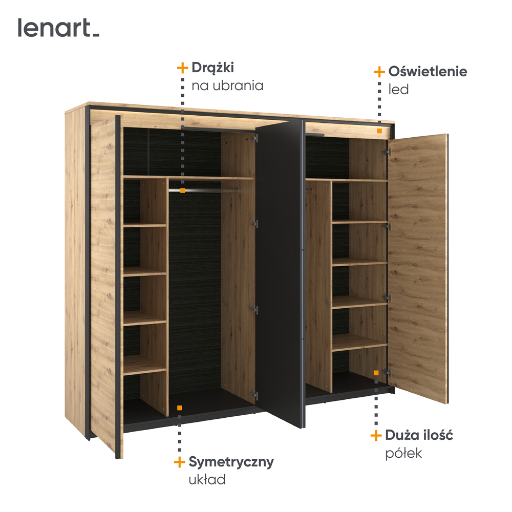 Szafa Quant czterodrzwiowa dąb artisan czarny lustro