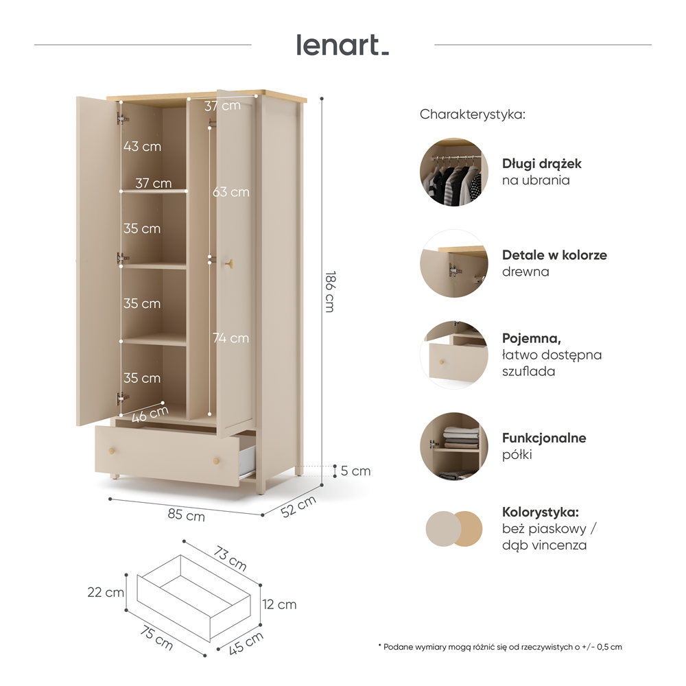 STORY SO-12 - szafa 2d dzielona - beż piaskowy/dąb vincenza bielona