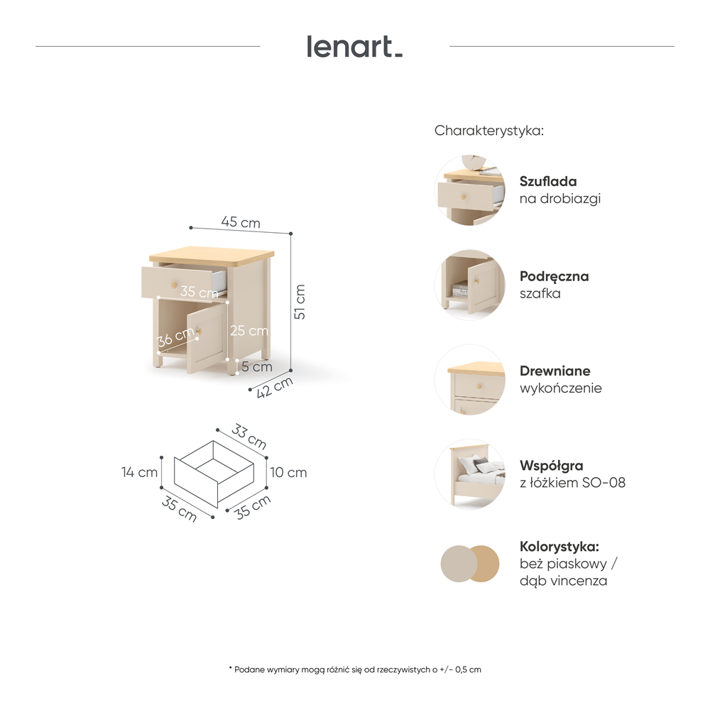 STORY SO-07 - stolik nocny 1d1s - beż piaskowy/dąb vincenza bielona