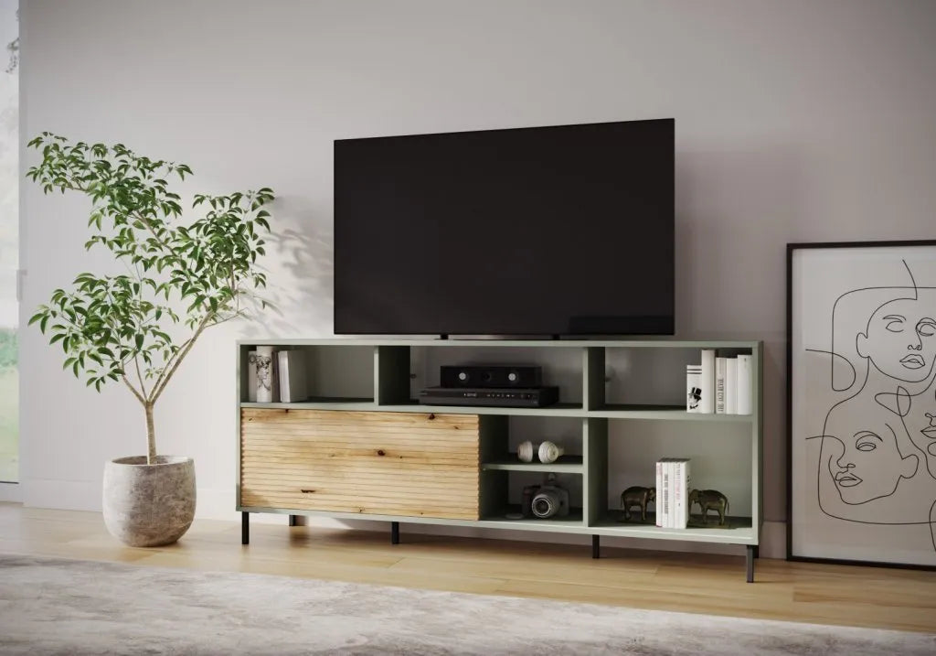 Szafka RTV Pozzi wysoka nóżki metalowe szarozielona