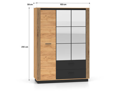 Szafa Urso trzydrzwiowa dąb craft czerń lustro