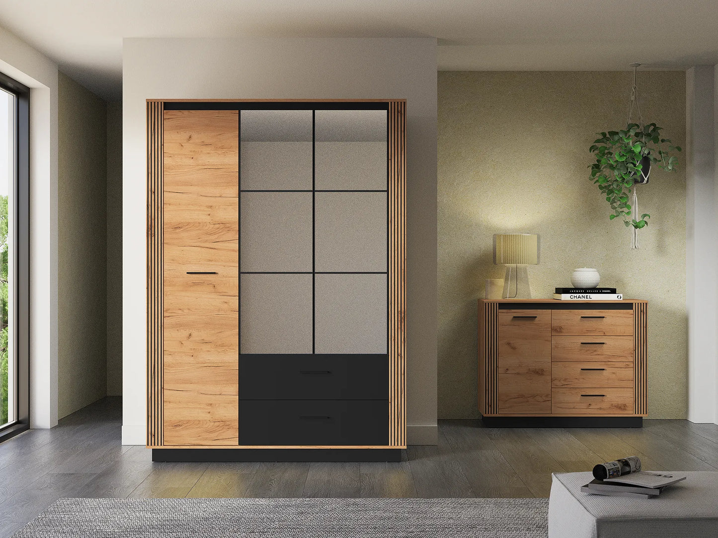 Szafa Urso trzydrzwiowa dąb craft czerń lustro