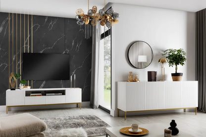 Szafka RTV Nicole wnęka biały mat frez złote nóżki