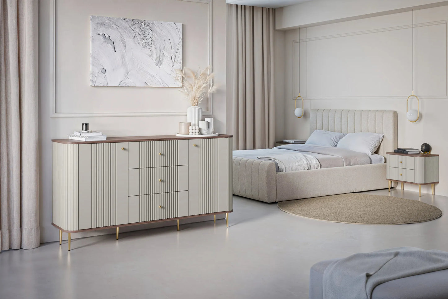 Szafki nocne Vesper cashmere złote detale orzechowy blat
